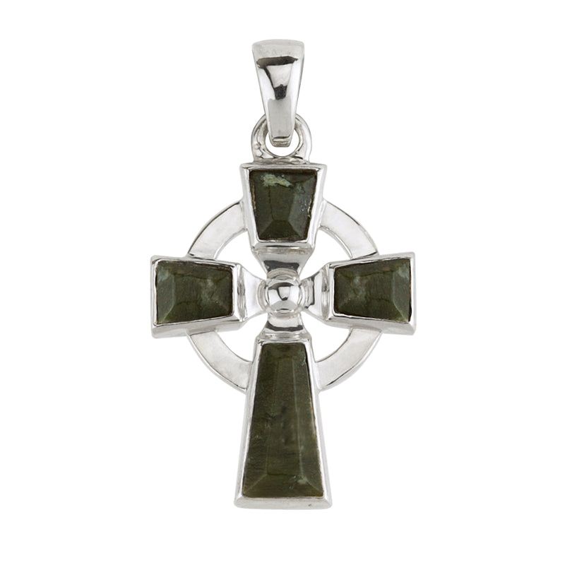 Celtic Cross Sterling Silver with Irish Connemara Green Marble Pendant with 18 Inch Silver Chain