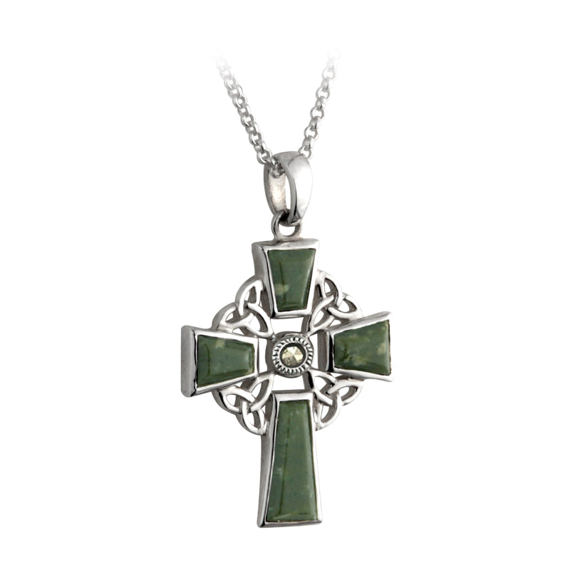 Celtic Cross Pendant Silver With Connemara Marble on 18" Silver Chain