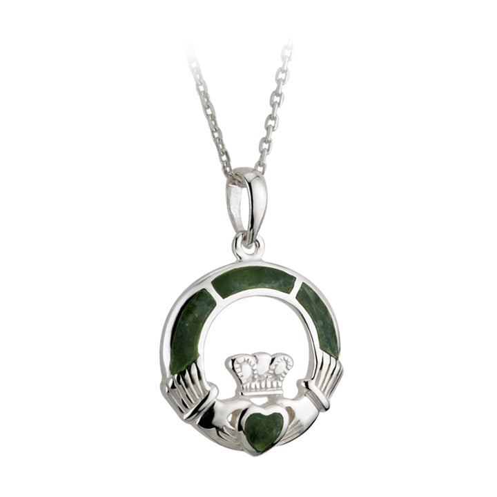 Claddagh Sterling Silver Pendant with Connemara Green Marble with 18" Silver Chain