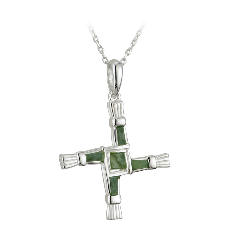 Sterling Silver St. Brigid's Cross w/ Irish Connemara Green Marble Pendant with 18" Silver Chain