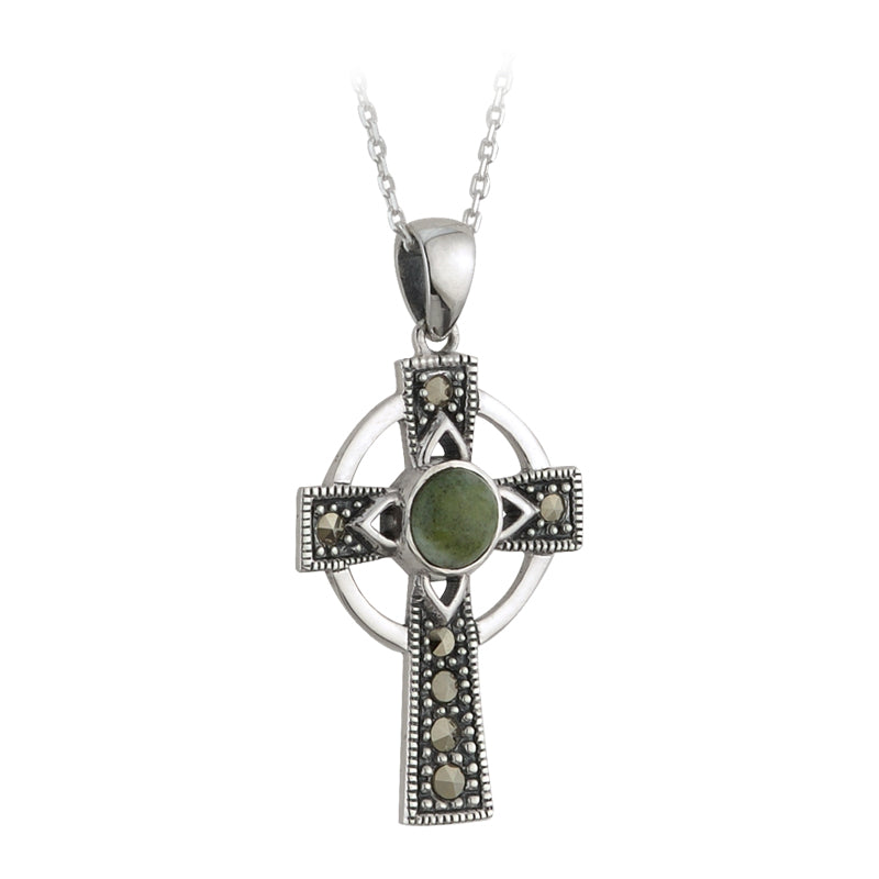 Celtic Cross Sterling Silver with Irish Connemara Green Marble Pendant