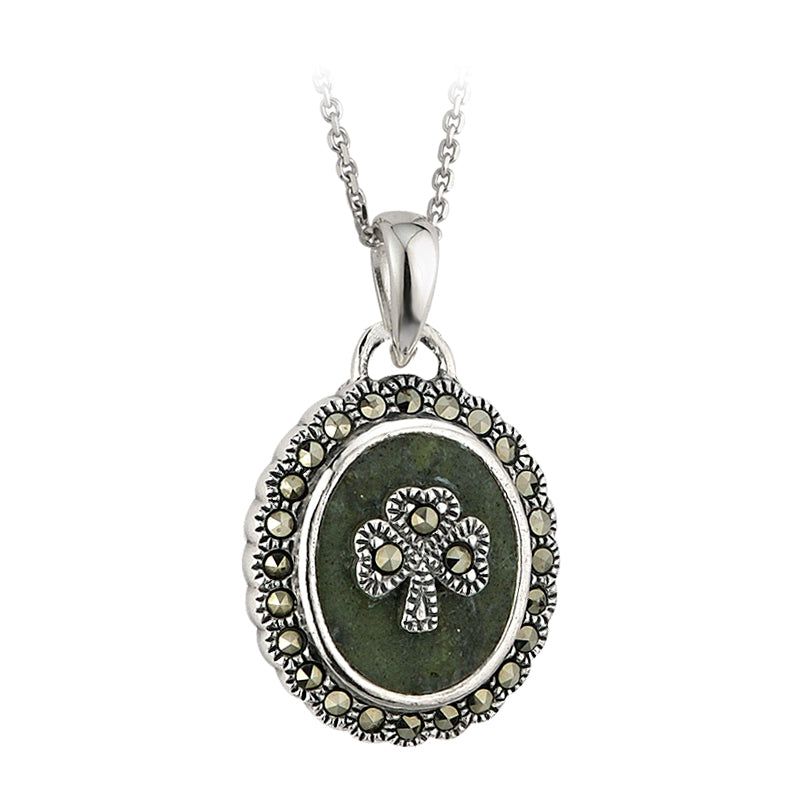 Shamrock with Marcasite and Connemara Marble Oval Pendant with 18" Silver Chain